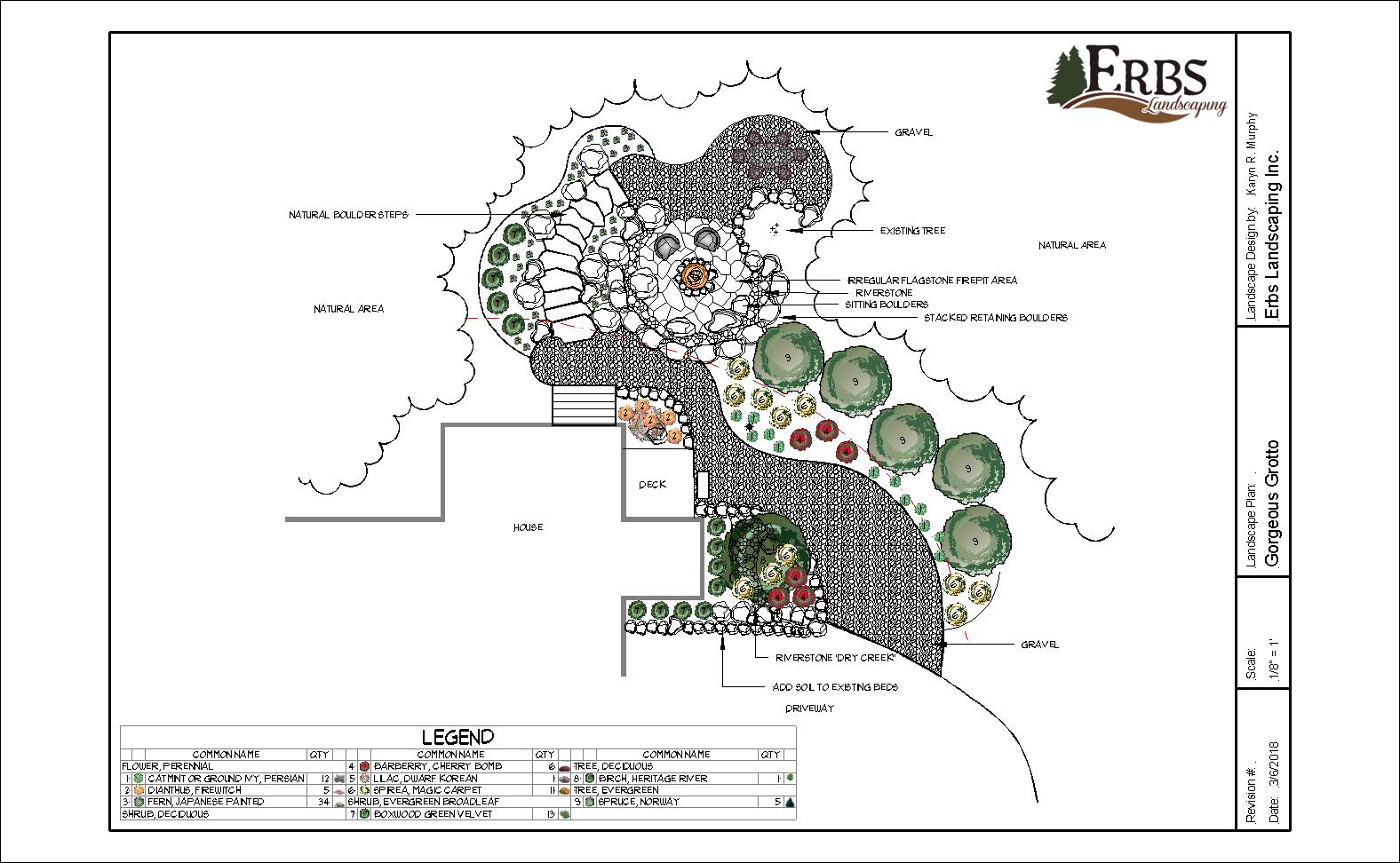 Professional landscape design rendering by Erb's Landscaping showing backyard patio layout