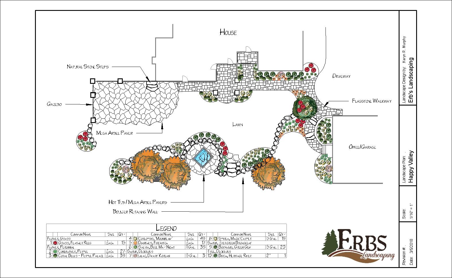 Detailed landscape design rendering with plantings and hardscape elements