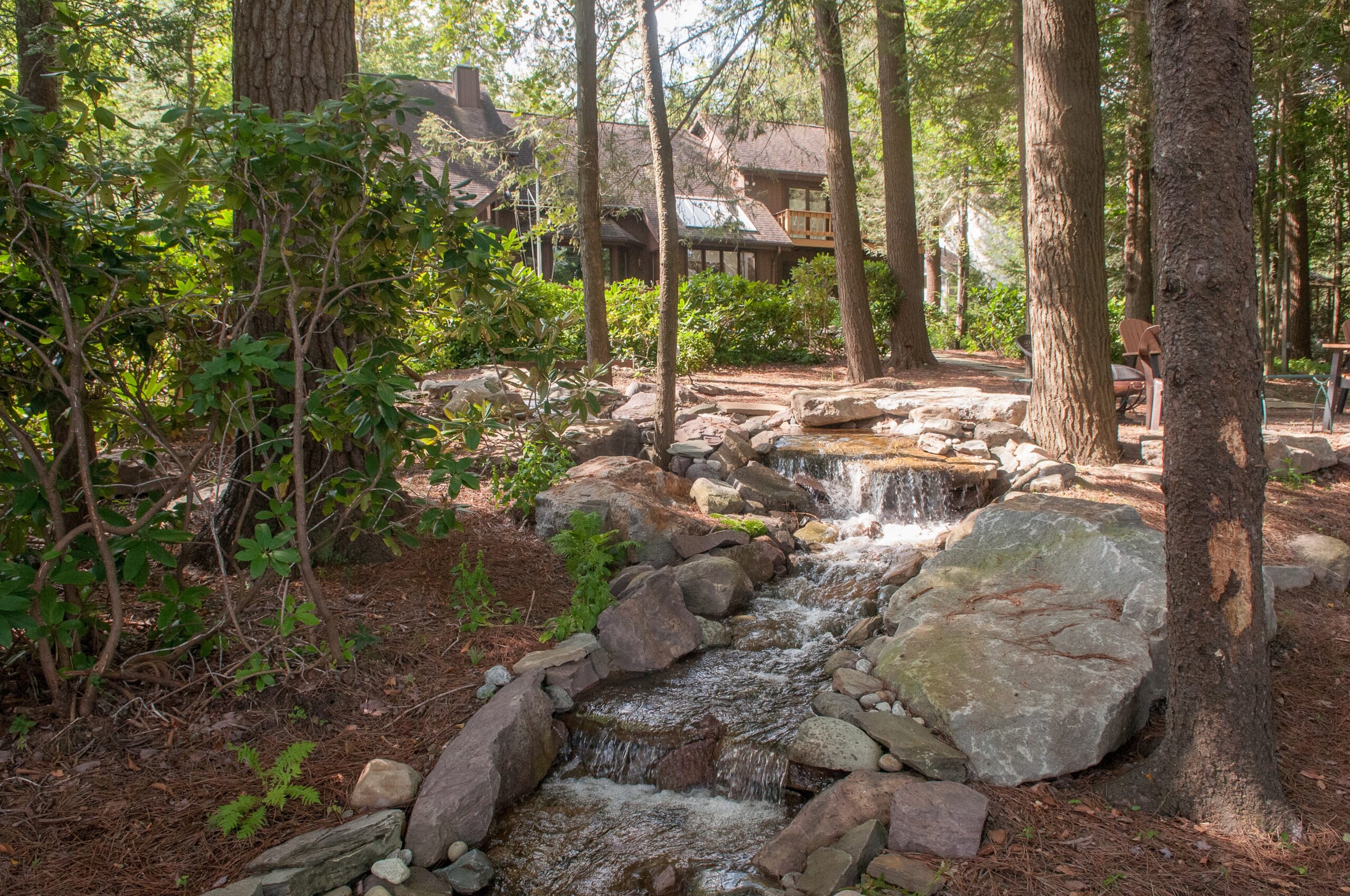 Professional LED landscape lighting illuminating garden beds and pathways at dusk